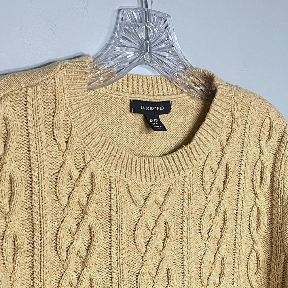 Lands End Cotton Wool Cable Knit Sweater Size M Petite Fisherman Neutral Classic - Picture 5 of 7